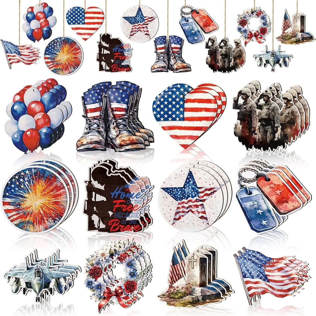 36 Pcs Memorial Day Tree Decorations 4th of July Ornaments Patriotic Tree Ornaments Red White Blue Army Flag Hanging Decorations for 250th Anniversary Holiday Party(Classic Style)