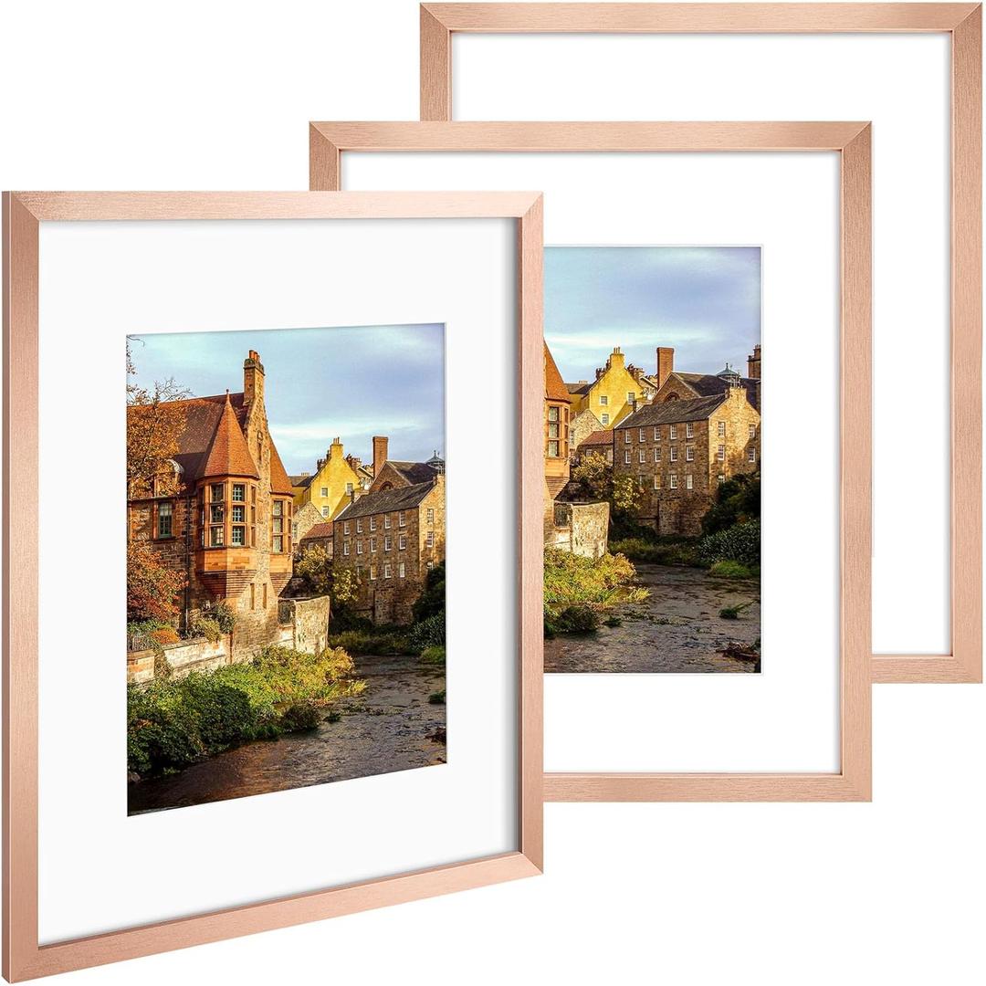AUEAR, 16x20 Picture Frames Set of 3, with Mat for 11x14 or 16x20 without Mat, Engineered Wood Photo Frames with Plexiglass, Wall Mounting (Rose Gold)