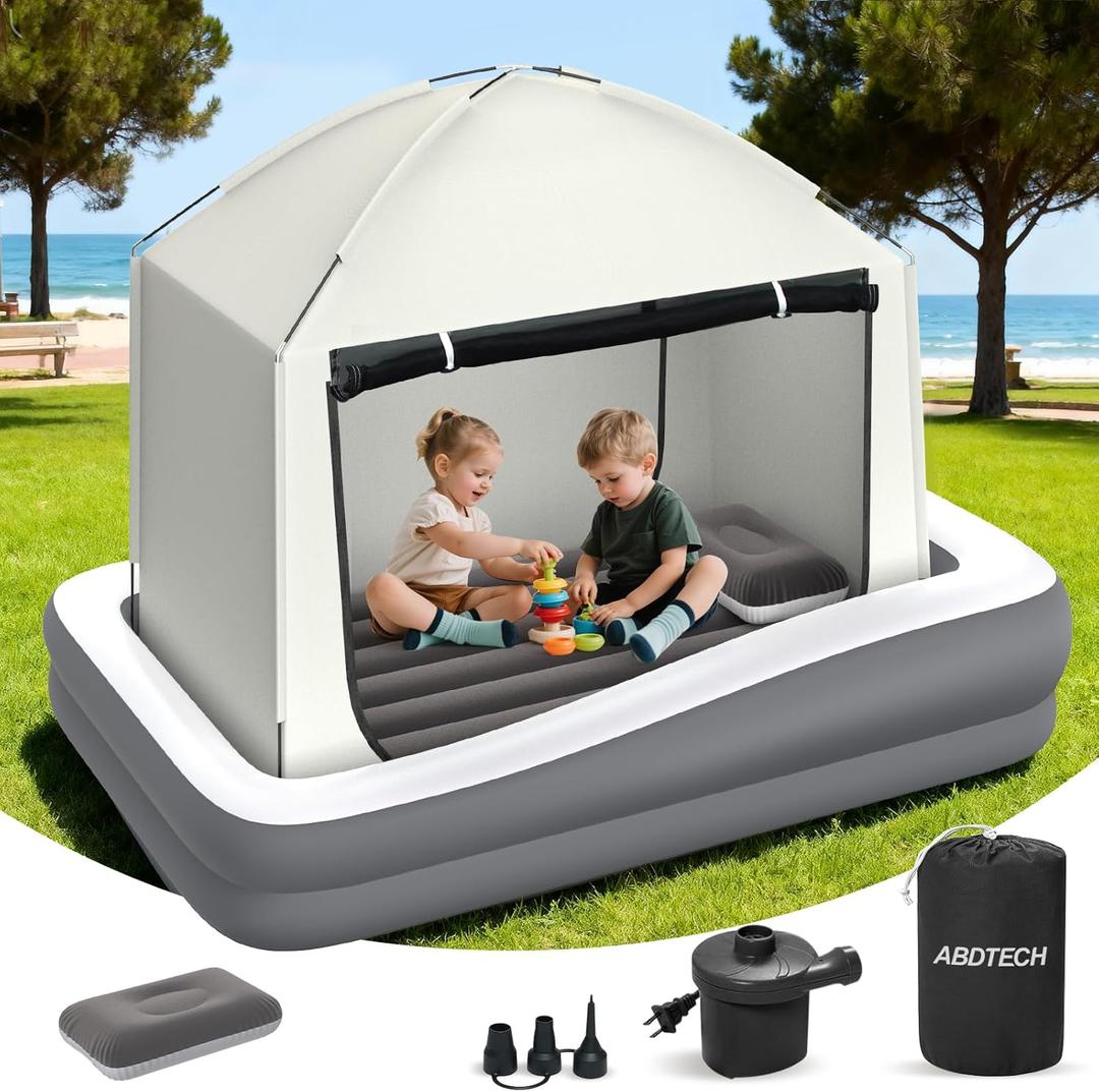 Inflatable Toddler Travel Bed with Tent - Kids Air Mattress with High-Speed Pump - Portable Blow Up Air Cribs with Safety Sides & Carry Bag - Lightweight Camping Tent for Outdoor - khaki & Grey 67inch