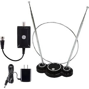 GE Traditional Rabbit Ears Indoor TV Antenna + Indoor Antenna Amplifier, Extendable Dipoles and Circular Loop, Digital HDTV VHF UHF, Low Noise Signal Booster, AC Power Adapter Included