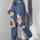 Floerns Women's High Waisted Distressed Jeans Straight Leg Casual Ripped Denim Pants (Blue, XXL)