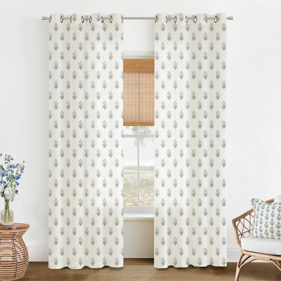 Sheer Curtains 52 x 96 in 2 Panels Set for Sliding Glass Doors,Dusty Baby Blue Linen Floral Country Leaf Curtains for Bedroom Living Room Livingroom Sheer Curtains 52 x 96 in 2 Panels Set for Sliding Glass Doors,Dusty Baby Blue Linen Floral Country Leaf Curtains for Bedroom Living Room Livingroom