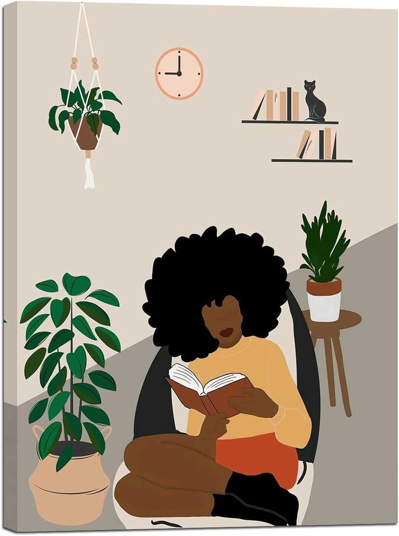 African American Boho Wall Art - Black Women Canvas Print, Book Lover Art, Girl Reading Framed Poster, Wall Decor (16L" x 12W")