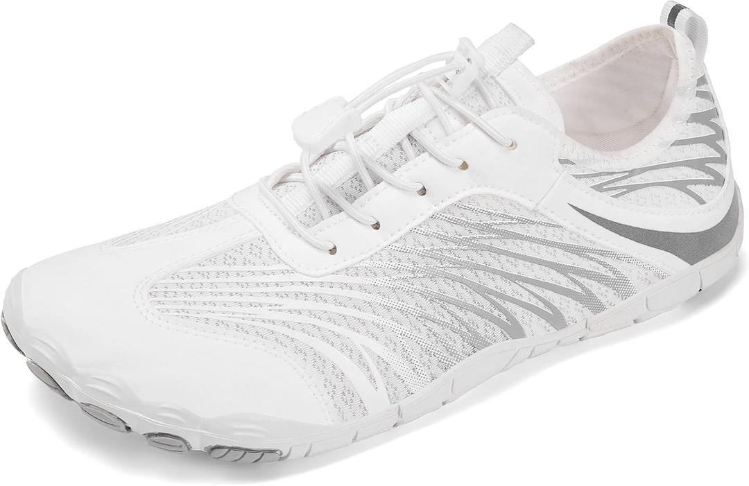 UBFEN Water Shoes Aqua Swim Shoes Mens Womens Beach Sports Quick Dry Barefoot for Boating Fishing Diving Surfing H White/ Grey 13 Women/ 11 Men