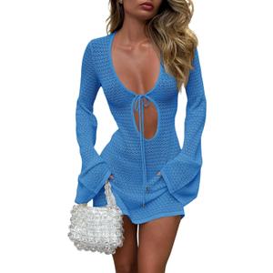 Saodimallsu Womens Crochet Swimsuit Cover Up Long Bell Sleeve V Neck Tie Mesh Knit Summer Beach Dress Vacation Outfits (X-Large, Blue)