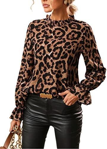 Floerns Women's Leopard Print Elegant Long Sleeve Frill Trim Mock Neck Blouse Tops, XXL