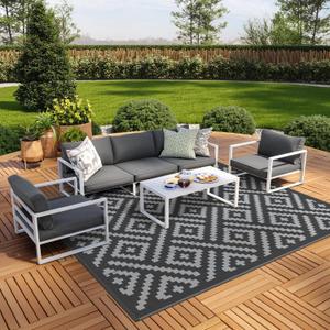 GENIMO Outdoor Rugs 8x10 Waterproof, Reversible Mats, Area Plastic Straw Rug, Outside Carpet, Geometric Rv Mat for Patio Camping Rv Picnic Backyard Deck Balcony Porch Beach Trailer (Black & Grey)