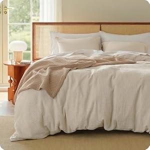 Bedsure Muslin Duvet Cover Queen Size - 100% Cotton 3-Layer Gauze Duvet Cover PureWoven Ultra-Soft & Breathable Bedding Set with Zipper Closure and 8 Corner Ties (Linen, Queen, 90"x90")