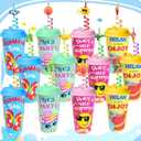 24 Sets Pool Beach Birthday Party Decorations Cups with Summer Silly Straws Bulk, 16 OZ Pool Reusable Plastic Cups with Lids, Summer Party Favors Supplies for Kids
