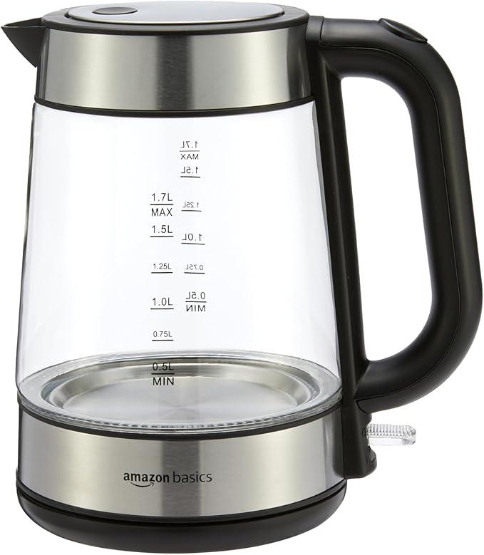 Basics Electric Kettle with Glass Carafe for Tea and Coffee, BPAFree, Fast Boiling, Auto ShutOff, BoilDry Protection, Water Level Indicator, 1.7 Liter, 1500W, Black and Silver