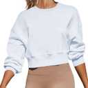 Joywayco Women's Long Sleeve Round Neck Cropped Sweatshirts Cute Loose Fit Pullover Tops (White)