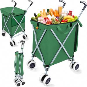 Wellmax Folding Shopping Cart with Canvas Bag & Cover, Holds 120 lb, Green
