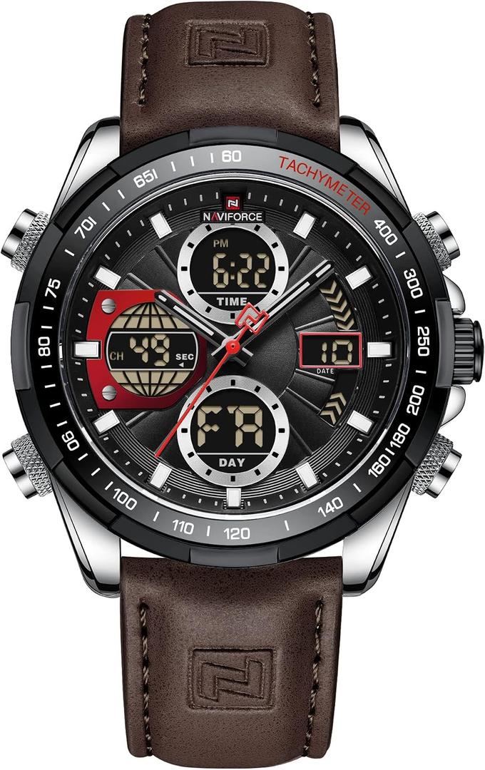 NAVIFORCE Men's Military Digital Watches Analog Quartz Waterproof Watch Sport Multifunctional Leather Wristwatch