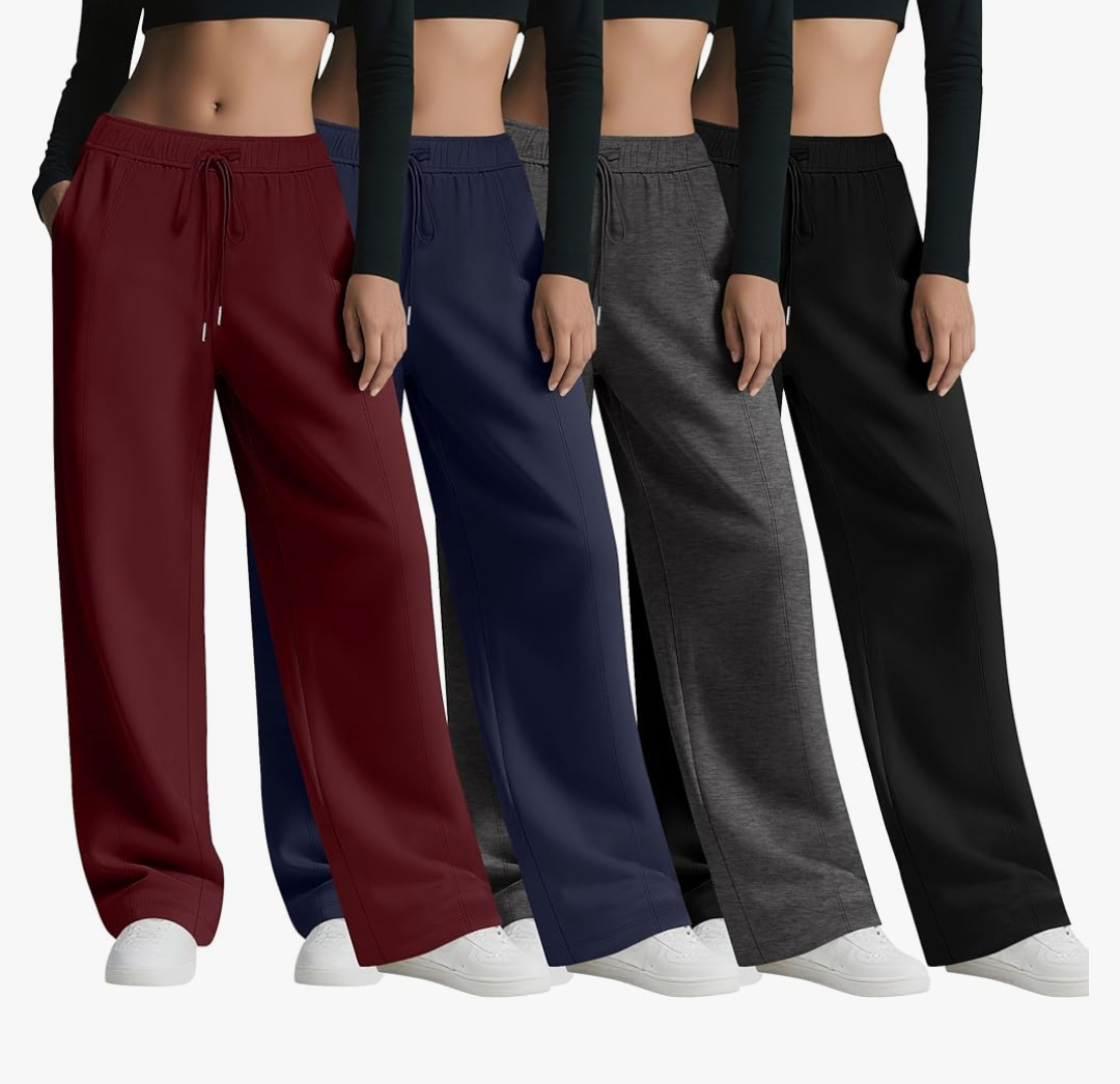 4 Pack Women's Wide Leg Sweatpants, Baggy Straight Elastic Waist Drawstring Multipack Lounge Trousers with Pockets Size XXL