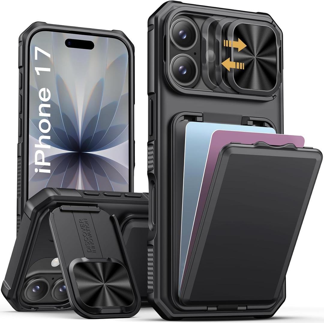 SSLOTSCASE for iPhone 17 Case with Card Holder & Kickstand & Slide Camera Lens Cover & Camera Stand & Wallet, MilitaryGrade Heavy Duty Hard Rugged Phone Case Cover for iPhone 17 6.3'' 5G 2025, Black