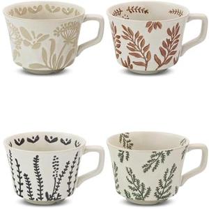 LINVIA Ceramic Coffee Mug, 12 oz Novelty Unique Teacup with Handle, Stoneware Cup for Tea Mocha Latte Cappuccino Espresso (Set of 3,Butterfly Grass Ivy and Leaf)