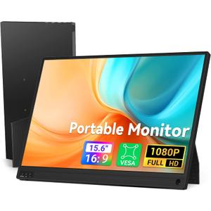 HotYeah Portable Travel Monitor, 15.6-in 1080P FHD Laptop Monitor USB-C HDMI External Computer Display FreeSync IPS w/Kickstand, Extra External Screen for Laptop PC Mac Phone Tablet Switch PS5 Xbox