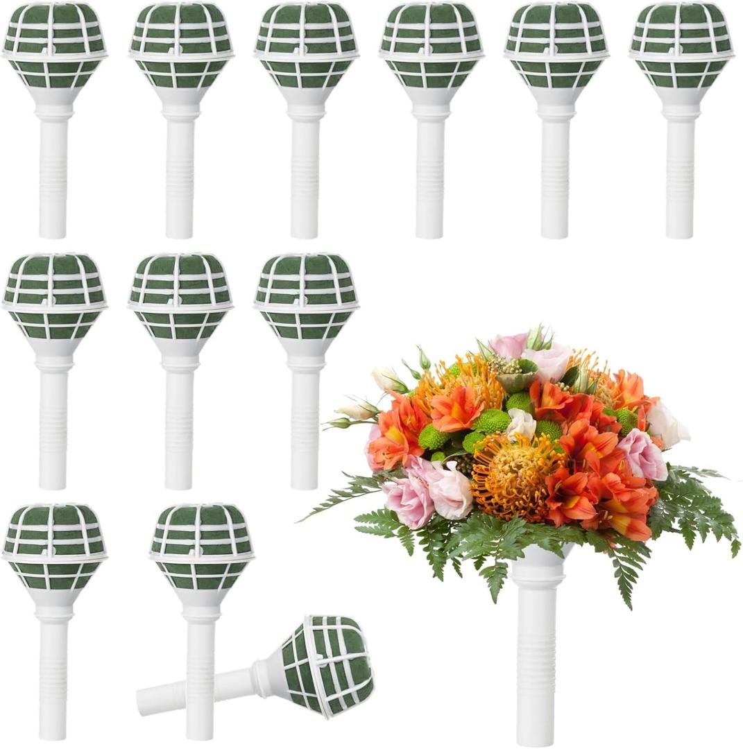 12 Pcs Flower Bouquet Holders, Wedding Bridal Bouquet Handle Holders, Round Foam Top, Lightweight Design, Ideal for Artificial Flowers, Floral Arrangements