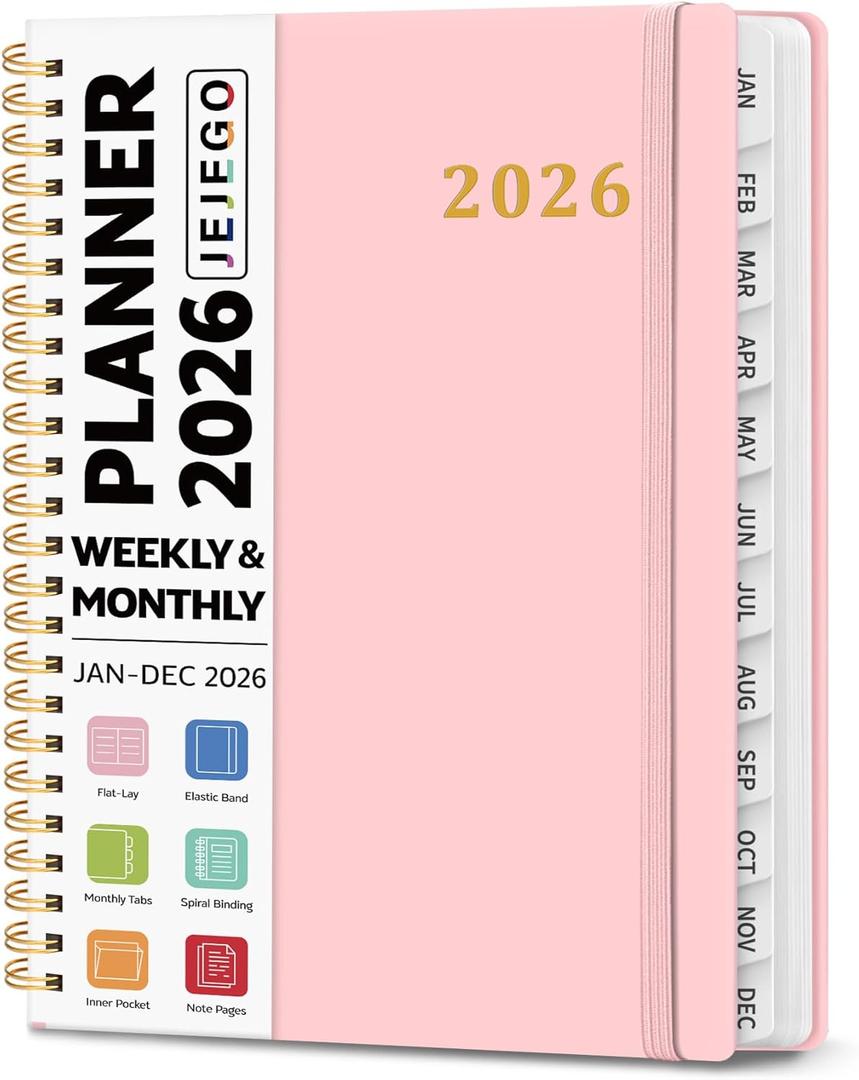 2026 Planner, Weekly and Monthly Calendar Planner Book, January 2026 - December 2026, Hardcover Spiral Planner with Monthly Tabs, Notes Pages, Perfect for Women & Men, A5 (6.4" x 8.5") - Pink