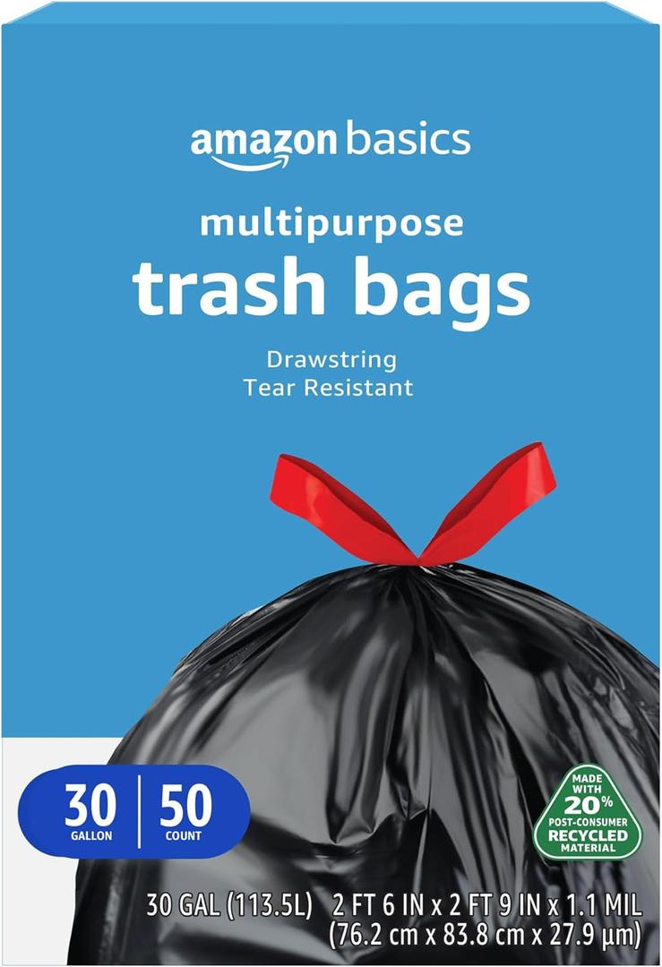 Amazon Basics 30 Gallon Multipurpose Drawstring Trash Bags, 20% Post Consumer Recycled, Black with Red Drawstring, 50 Count