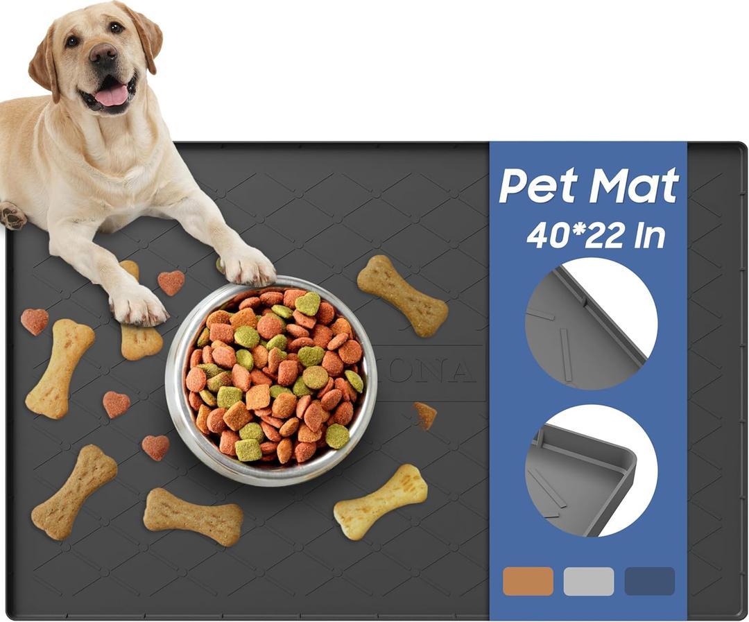 URMONA Large Dog Food Mat, 40" x 22" Pet Food Mat, Waterproof Dog Cat Food Mat with Raised Edges, Silicone Pet Food Mat, Dog Accessories, Prevents Food Spills, Protects Floors, Easy to Clean Fast (Black)