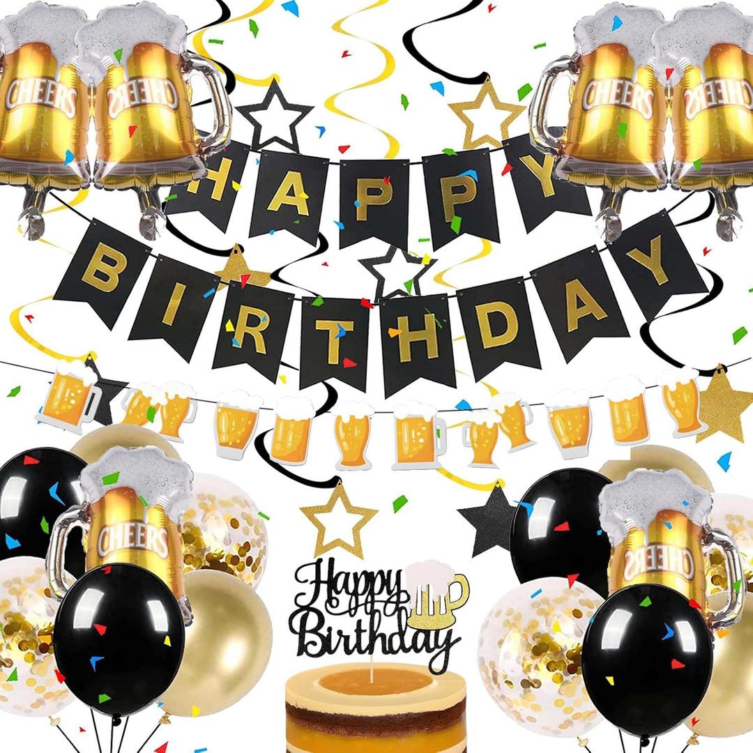 ZHENGYE Beer Party Decorations Set Happy Birthday Banner Star Hanging Swirls Beer Balloons Cake Topper Themed Party Decoration Birthday Supplies
