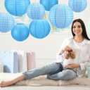 12 Pcs Blue Gingham Paper Lanterns Folding Hanging Chinese or Japanese Round Paper Lanterns for Boy Baby Shower, Birthday, Wedding, Picnic, BBQ & Mamma Mia Party Decor