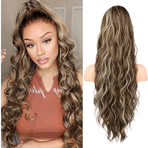 FLUFYMOOZ Ponytail Extension, 26 Inch Drawstring Ponytail Hair Extensions for Women， Long Curly Wavy Ponytail Natural Wavy Synthetic Hairpiece for Women (26 Inch Medium Brown Ash Blonde)