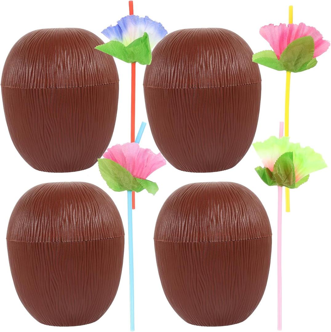 4pcs Novelty Coconut Cups with Hibiscus Flower Straws Plastic Hawaiian Party Cups Luau and Beach Party Decorations for Kids and Adults