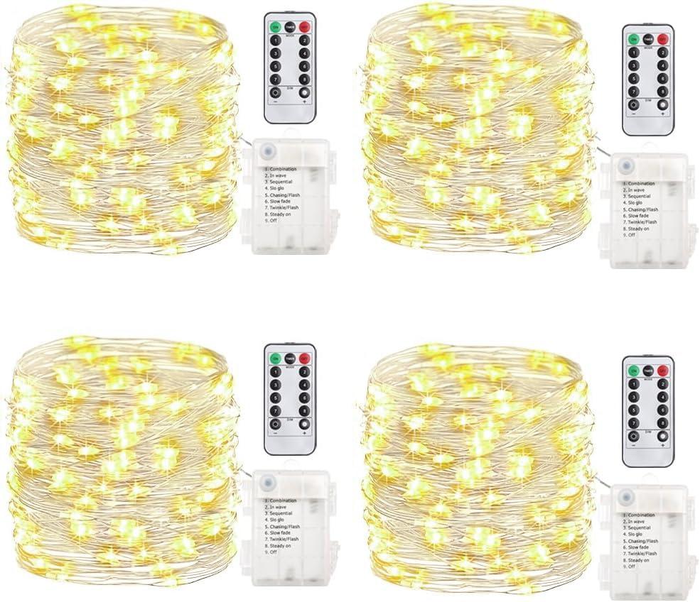 GDEALER 4 Pack 16.4 Feet 50 Led Fairy Lights Battery Operated with Remote Timer Waterproof Silver Wire Twinkle Light String Lights Outdoor Indoor 8 Modes for Bedroom Wedding Dorm Decor Warm White