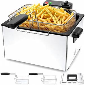 NEWBULIG Deep Fryer with Basket, 5 Liter Electric Deep Fryer with 1800W Power, Adjustable Temperature, Lid with Viewing Window for Fried Chicken, Shrimp, French Fries, Silver