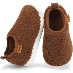 Toddler Kids Slippers Boys Girls Indoor House Shoes Non-Slip Fuzzy Warm Woolen Bedroom Baby Slip On Slipper Cozy Lightweight Walking Shoes for Home Outdoor Winter Unisex (6 Wide Toddler, Brown)