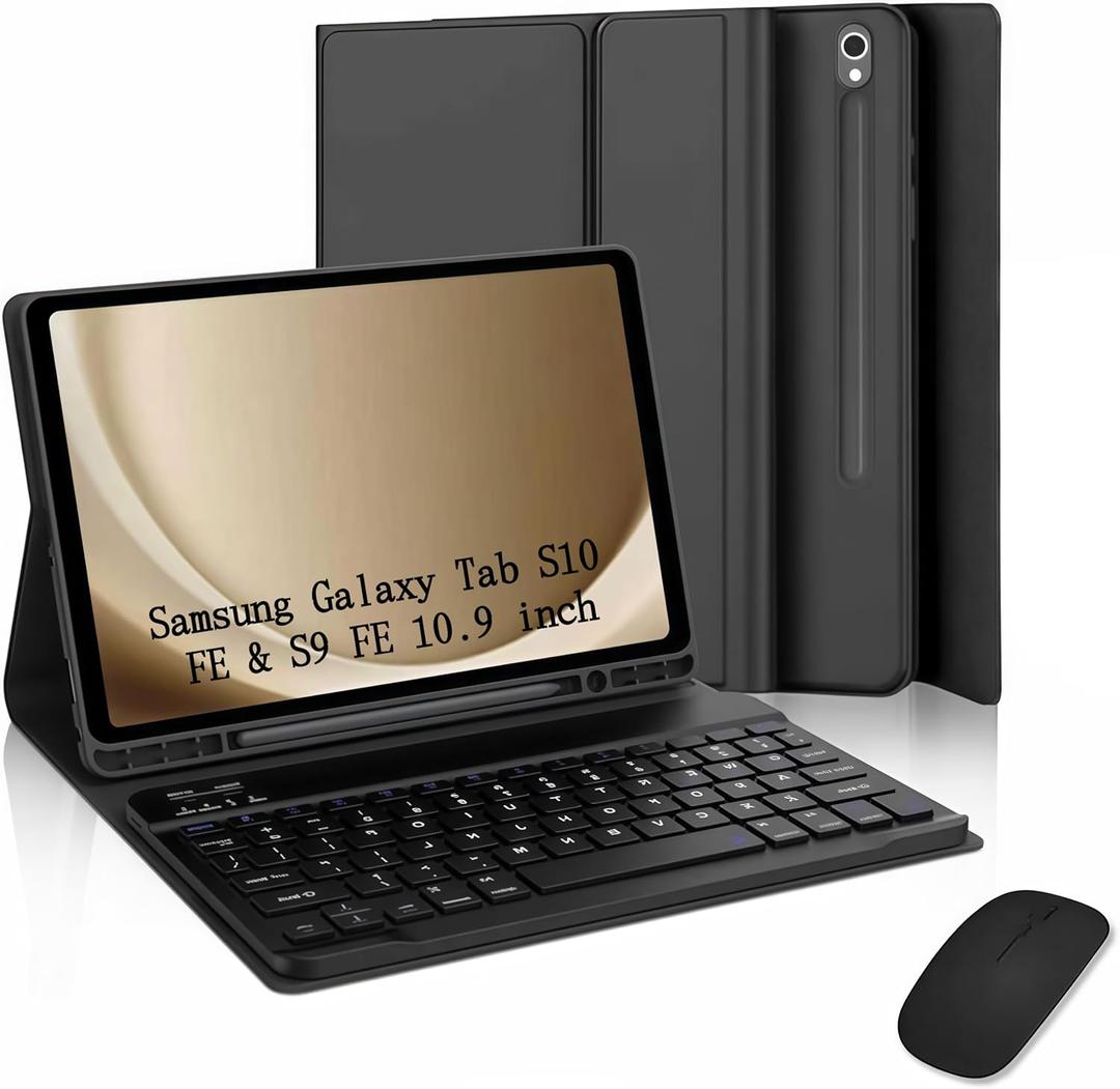 Keyboard Case for Samsung Galaxy Tab S10 Lite & S10 FE & S9 FE 10.9 inch/Tab S9 / S8 11 inch-Slim Folio Case with Pen Slot Detachable Keyboard with Mouse.-(Black)