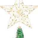 JOIEDOMI 9.5inch Metal Beaded Christmas Star Tree Topper, 20LED Warm White Lights Golden Tree Topper, USB Powered Remote Control for Christmas Tree Decorations Home Holiday Party Indoor Decor