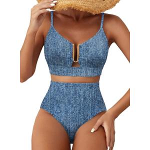 Herseas Womens 2 Piece High Waisted U Wire Bikini Set Floral Print Swimsuit Crisscross Back Bathing Suit Beach Swimwear (Blue, S)
