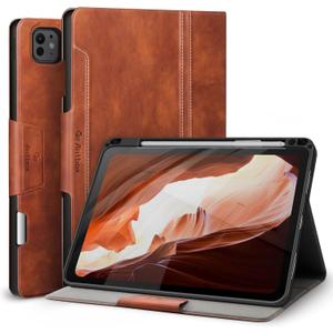 Antbox for iPad Pro 11 Inch Case M5 2025/M4 2024, Built-in Pencil Holder, Fully Supports Pencil Pro/USB-C, Auto Sleep/Wake Function Vegan Leather (Brown)