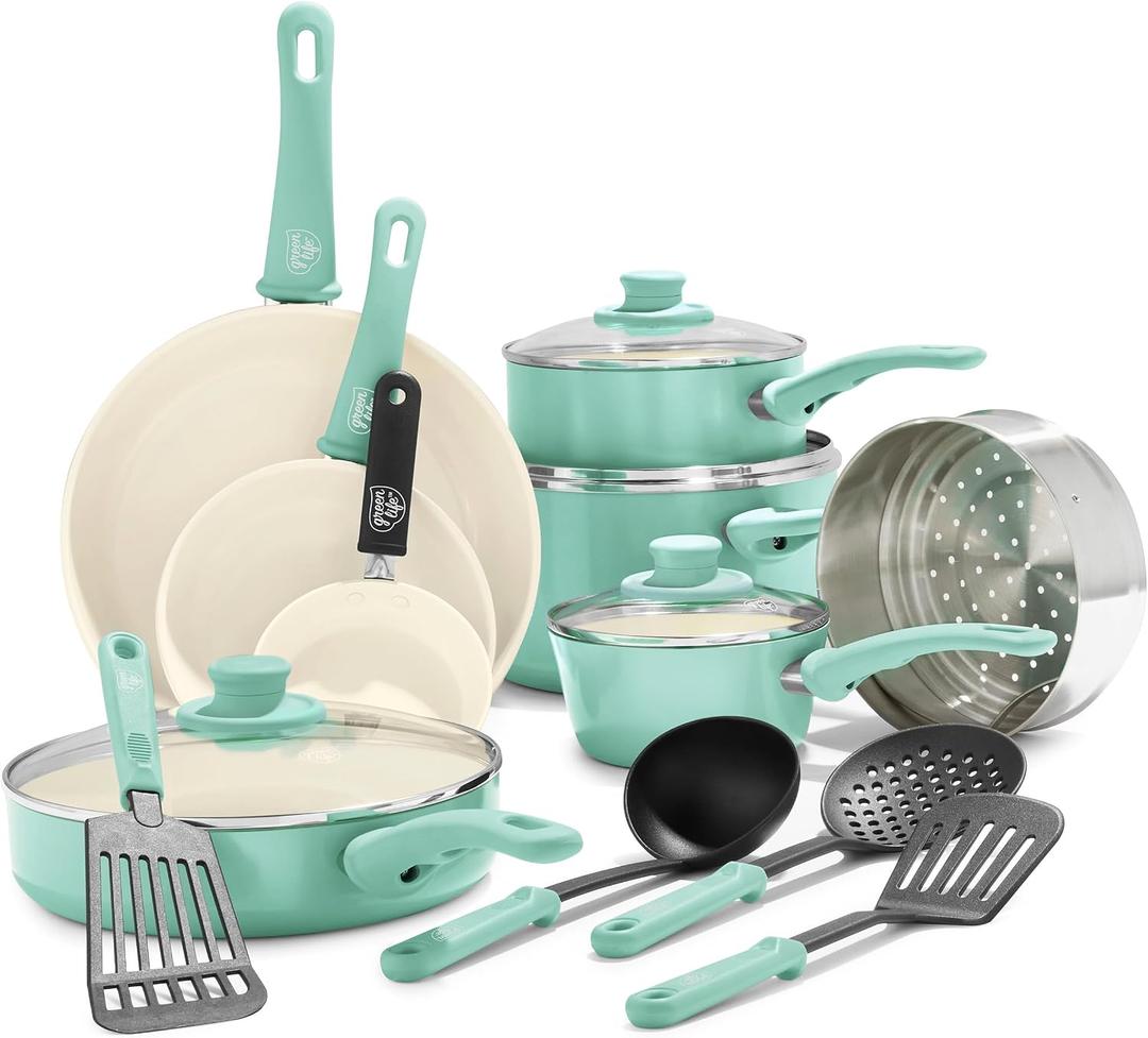 GreenLife Soft Grip 16 Piece Cookware Set, Non-Toxic PFAS-Free Ceramic Nonstick, Pots, Frying, Sauce, Sauté, Glass Lids, Stay-Cool Handles, Wobble Free Bases, Dishwasher & Oven Safe, Turquoise