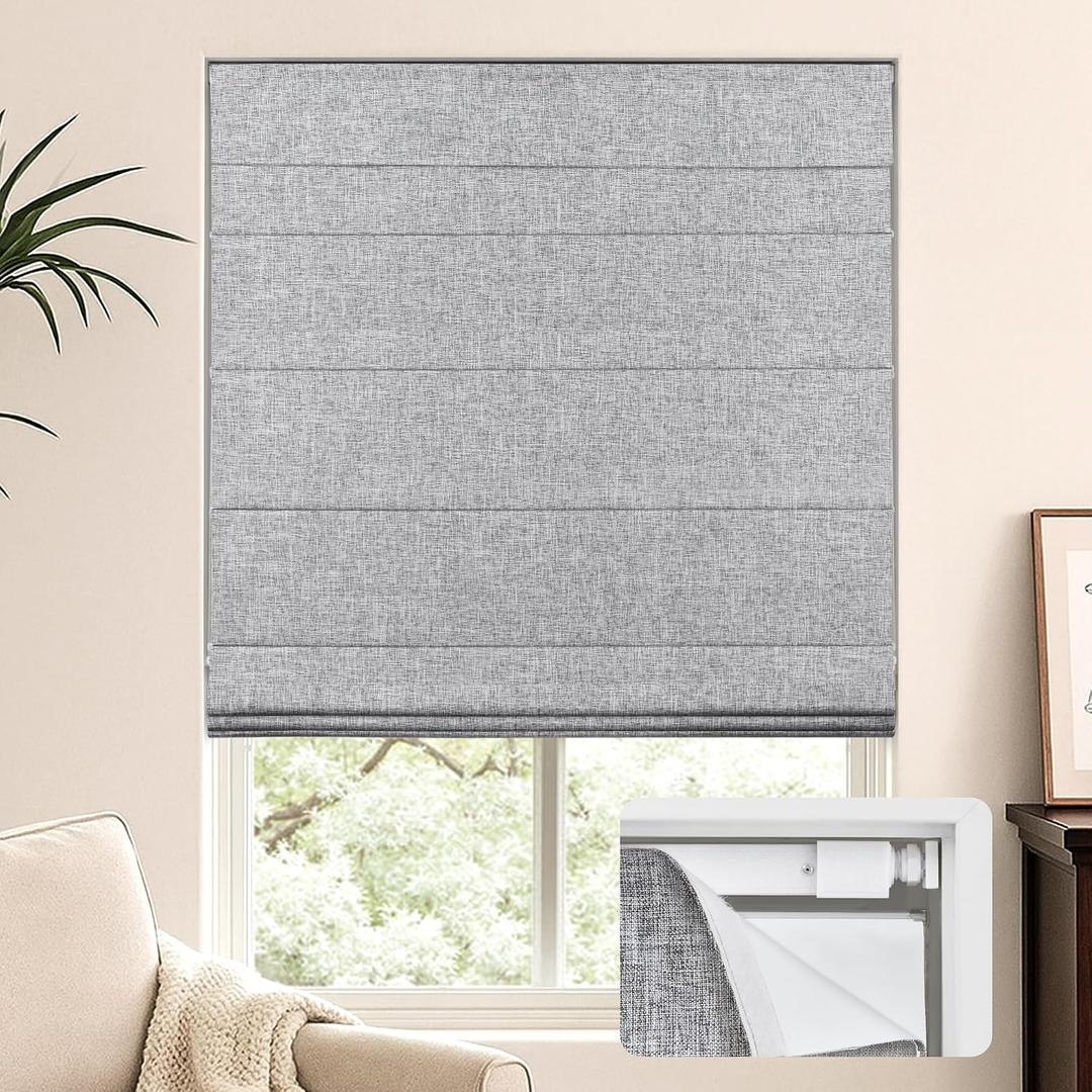 LazBlinds No Tools No Drill Cordless Roman Shades for Windows, Blackout Thermal Insulated UV Blocking Window Blinds, Lightweight Fabric Blinds for Indoor Windows, 33" W x 60" H, Blackout - Grey