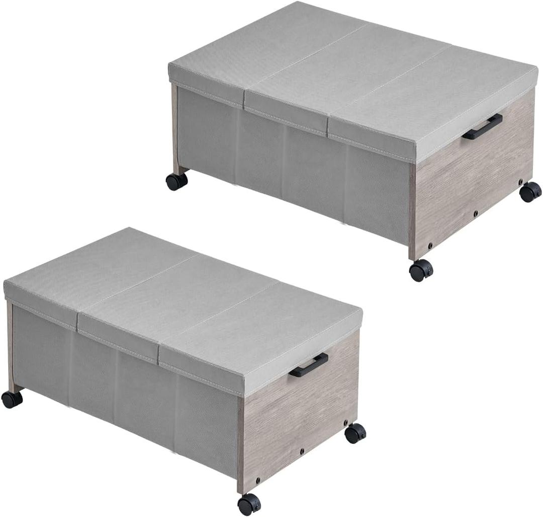 Under Bed Storage with Wheels,Under Bed Drawers Heavy Duty, 2 Packs, Wooden Under Bed Storage Containers Organizer, Metal Frame, Patented Design (Triple Size, Grey)