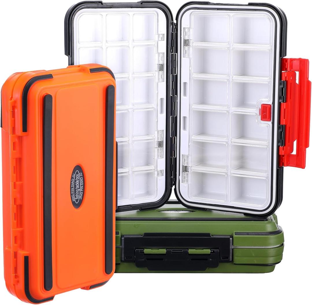 3 Pack Waterproof Fishing Tackle Box, Double-Sided with 19 Adjustable Dividers, Leakproof Bait Storage Case for Trout Ultralight Fishing & Travel (Green, Orange, Black)