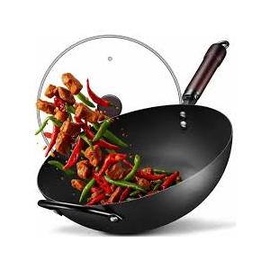 Wok, 13 Inch carbon steel woks & stirfry pans nonstick, PreSeasoned 5.8QT Flat Bottom Chinese Wok Paella Pan with lid, Carbon Steel Cookware, Compatible with All Cooktops