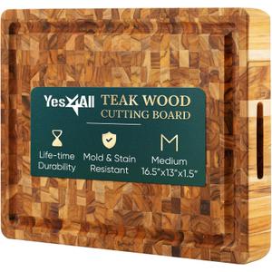 Yes4All Durable Teak Cutting Boards for Kitchen, [17''L x 13''W x 1.5 Thick] Medium End Grain Cutting Board, Pre Oiled Wood Cutting Boards, Thick Chopping Board w/Juice Grooves and Easy Grip Handle