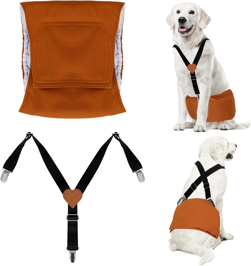 Premium Reusable Dog Belly Bands for Male Dogs (2 Pack) - 1 Washable Dog Diapers Male & 1 Adjustable Suspenders for Urination Incontinence, (Brown L)