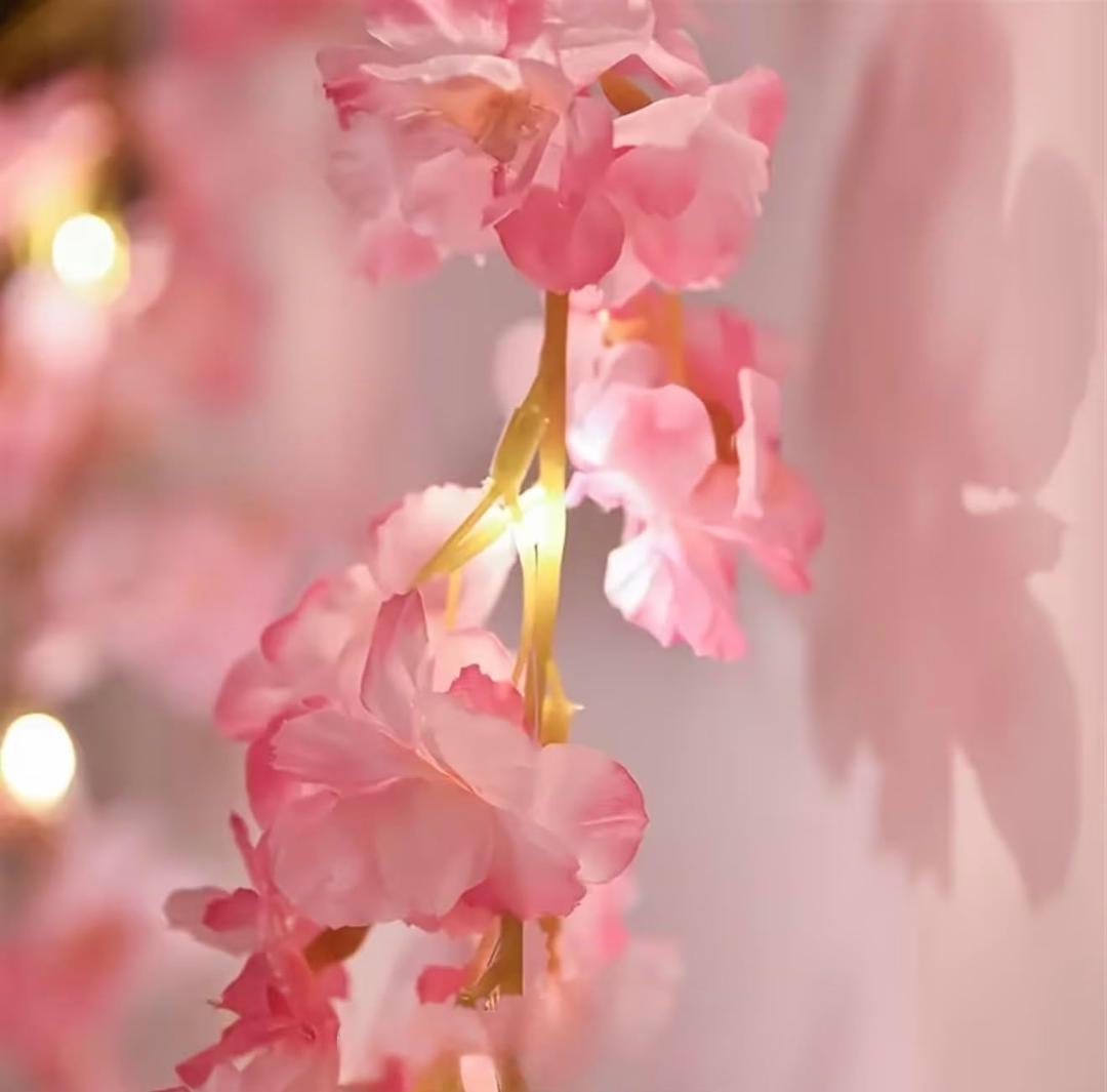 Pink Cherry Blossom LED String Lights, 2M/6.56ft 20 LEDs, Artificial Flower Garland, Battery Powered, Wedding Party Home Decor