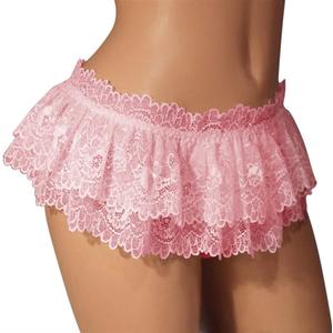 Sissy Lace Panties Men's Ruffled Panties Thongs Mini Skirt Thongs Gay Lingerie (Pink, 1pc) One Size