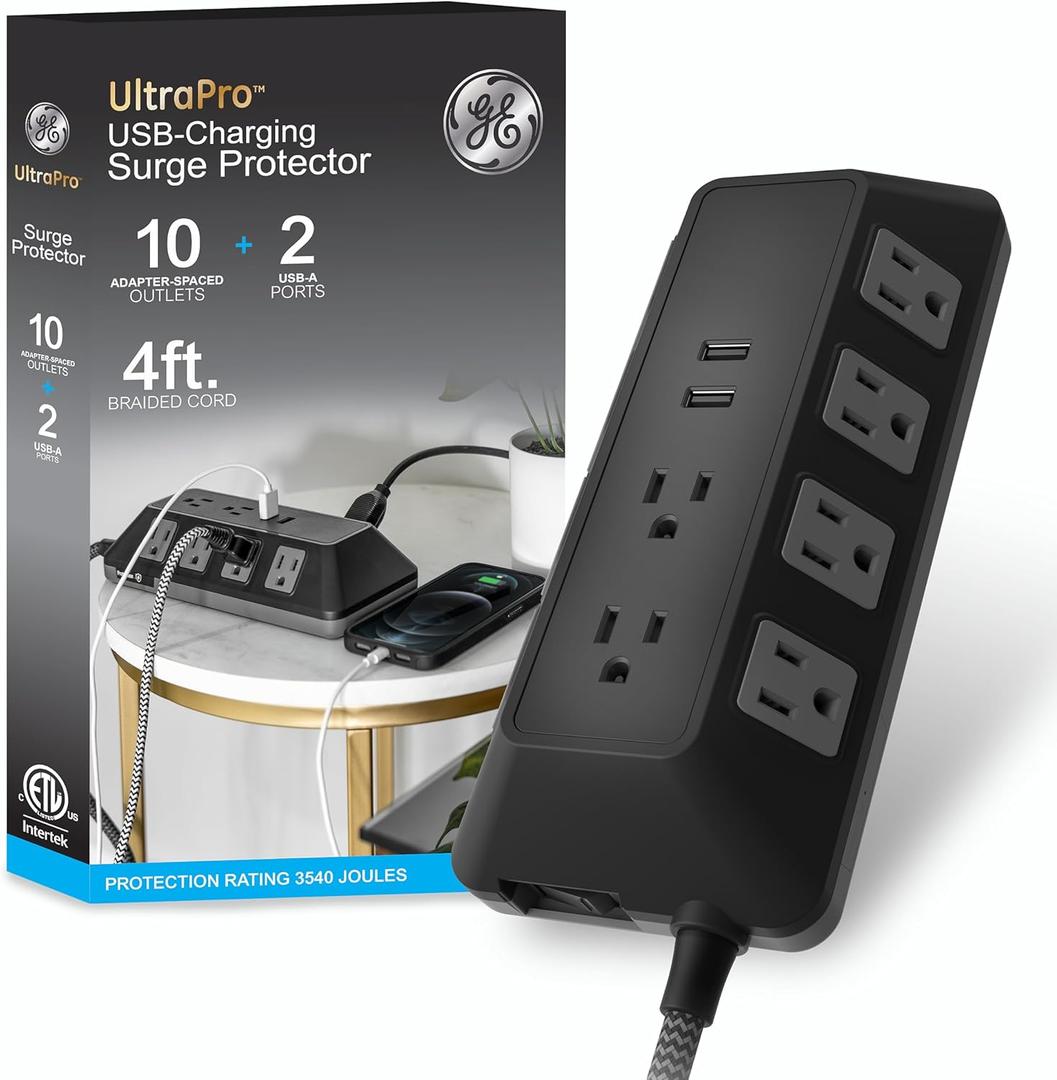 GE UltraPro Adapt 10-Outlet Surge Protector with USB Ports, 2 USB-A Ports, 2.4A, 12W, 4ft Braided Cord Power Strip Surge Protector, 3540 Joules, Black, 73775 GE UltraPro Adapt 10-Outlet Surge Protector with USB Ports, 2 USB-A Ports, 2.4A, 12W, 4ft Braided Cord Power Strip Surge Protector, 3540 Joules, Black, 73775