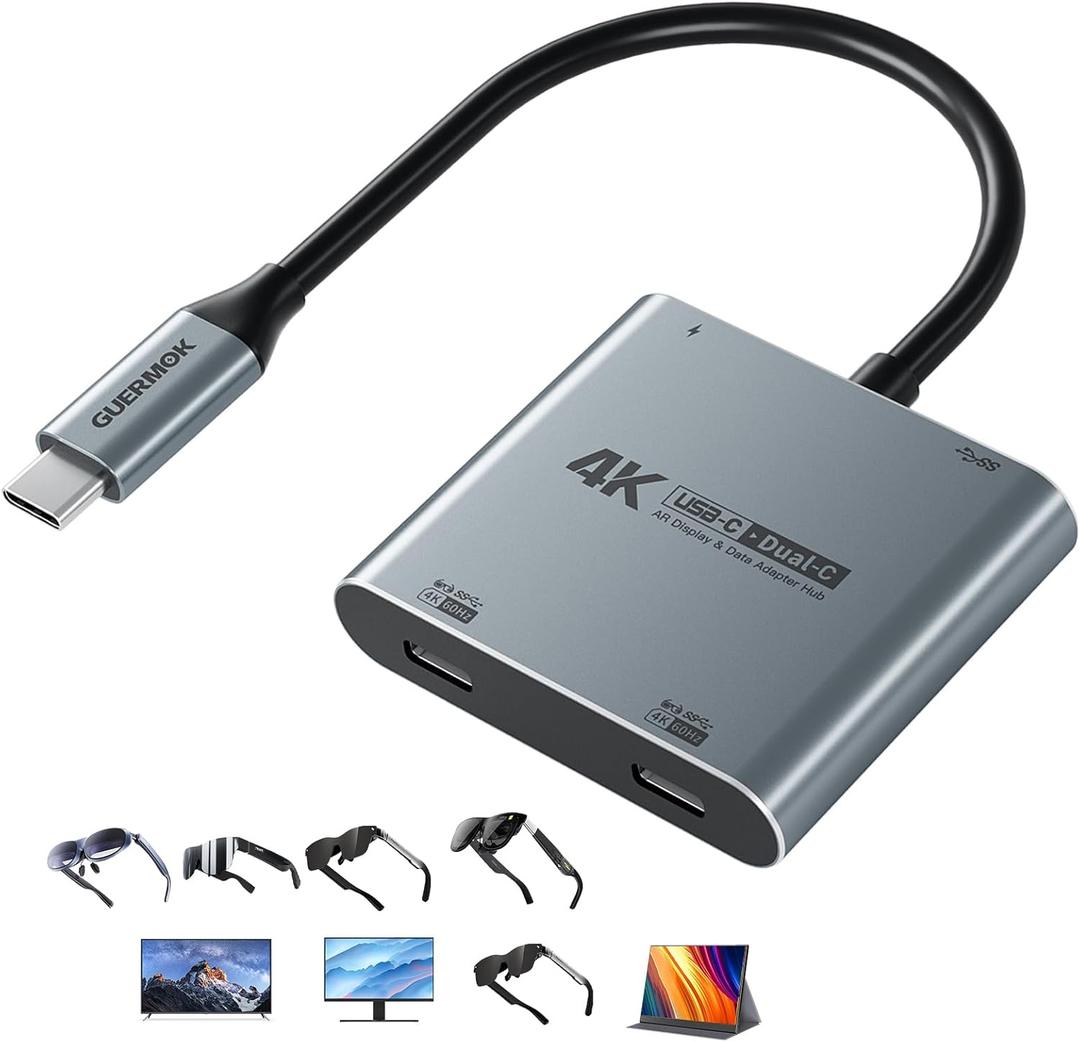 Guermok 4-in-1 Dual USB-C Display Hub, 4K@60Hz Video, PD 100W Fast Charging & USB 3.0 5Gbps, Compatible with AR Glasses, Switch 2, Laptops, Portable Monitors & Type-C DisplaysSilver