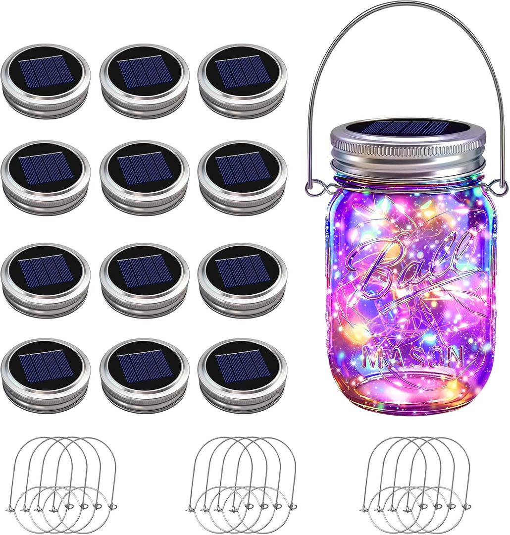 VOOKRY 12 Pack Solar Mason Jar Lights, 30 LED Mason Jar Lids Waterproof Firefly Fairy String Lights with 12 Hangers(No Jars), for Outdoor Patio Garden Yard Lawn Party Wedding Decoration - Multicolor