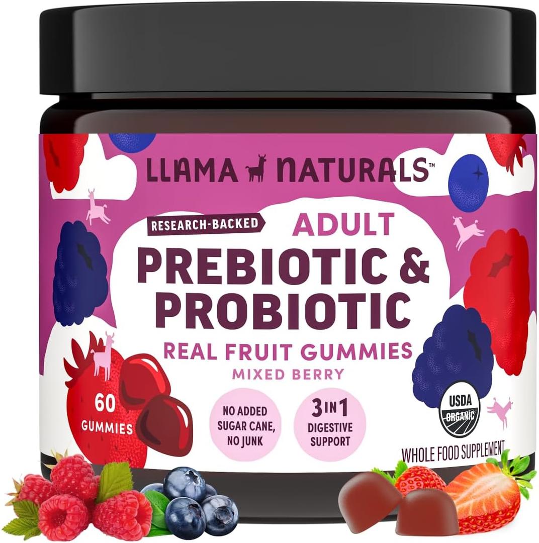 Llama Naturals Probiotics for Women and Men with Prebiotic Fiber, Vegan, Organic, Probiotic Gummies for Gut Health Support, Adults Real Fruit Gummy Vitamins, No Added Sugar Cane, Mixed Berry, 60 Ct Best By:08/2026