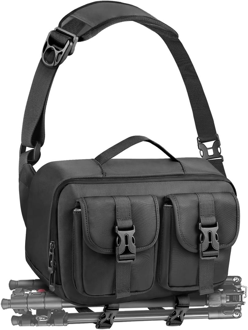 TAAOKA Camera Sling Bag,DSLR Camera Bag with Tripod Holder,Waterproof Camera Shoulder Crossbody Bag for Photographers (Black)